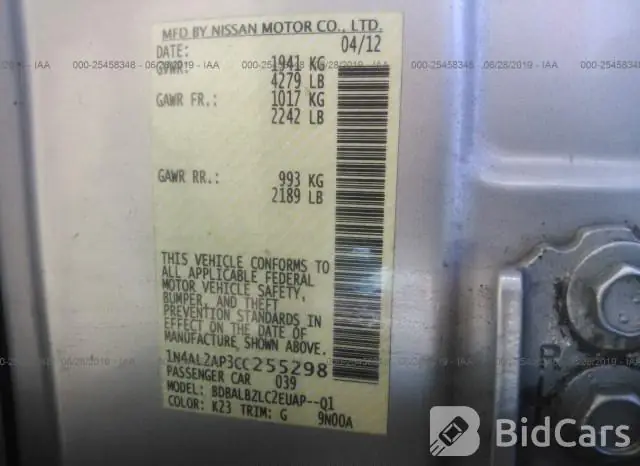 Nissan Altima 2012 1N4AL2AP3CC255298