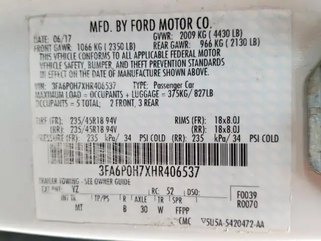 Ford Fusion 2017 3FA6P0H7XHR406537