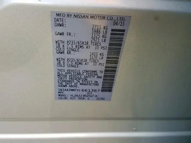 Nissan Pathfinder 2015 5N1AR2MM7FC661367